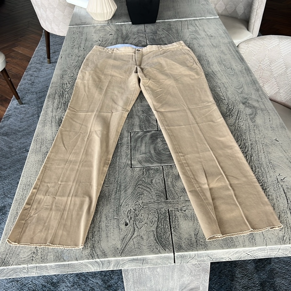 Frank’s  made in USA British tan long inseam unhemmed trim fit plain front pants
